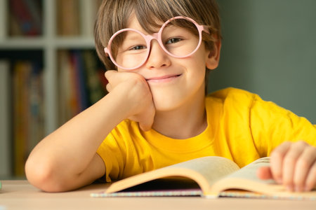 Little student with glasses leans on hand at school desk with open book. Clever childhood moment of...