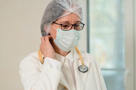 Close-up of senior female doctor in white coat and medical mask. Stethoscope around her neck, she offers expert care and diagnosis in a hospital environment, ensuring patient well-being.の写真素材