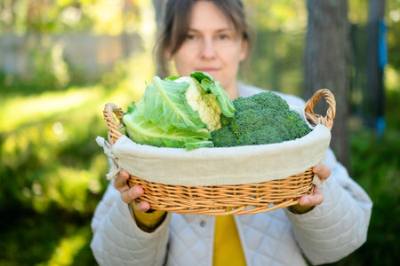 Cheerful young woman farmer with basket of cauliflower and broccoli. Harvest season, homegrown vegetables, fiber-rich diet, seasonal produce, and delicious recipes for healthy meals.の写真素材