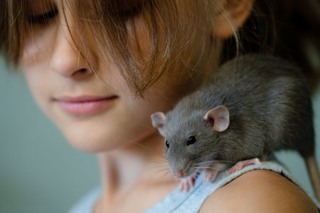A girl holds a small pet with tenderness showcasing the care and affection capturing the essence of their companionship and trustの写真素材