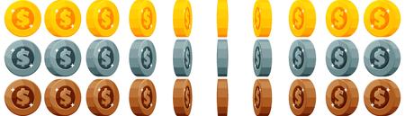 Set of gold, silver and bronze coins with spinning animation for gameのイラスト素材