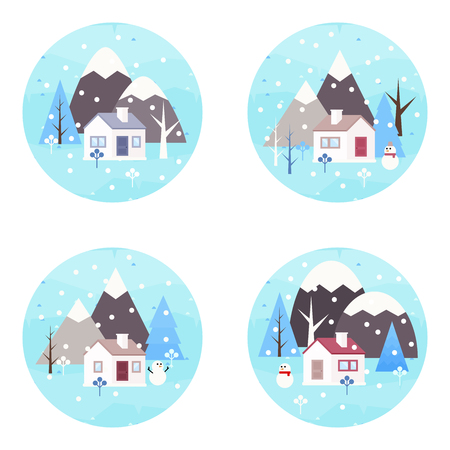 Winter landscape background. Round icons. Snowy scene with trees and mountaines. Flat vector illustration. Forest cottage or traditional farmhouse on countryside area by wintertime.のイラスト素材