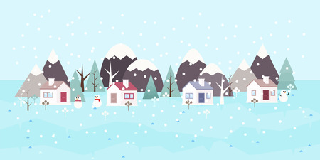 Winter landscape background. Snowy scene with trees and mountaines. Flat vector illustration. Forest cottage or traditional farmhouse on countryside area by wintertime.のイラスト素材