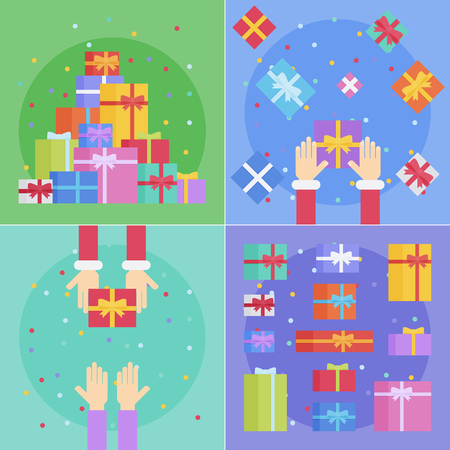 Flat style festive holiday present boxes. Colorful gift boxes with fashionable ribbons and bows.のイラスト素材