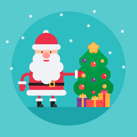 Cartoon Santa Claus decorating christmas tree with balls in flat style. Funny white-bearded, red-suited, and jolly old man. Vector flat style cartoon illustration isolated on light blue backgroundのイラスト素材