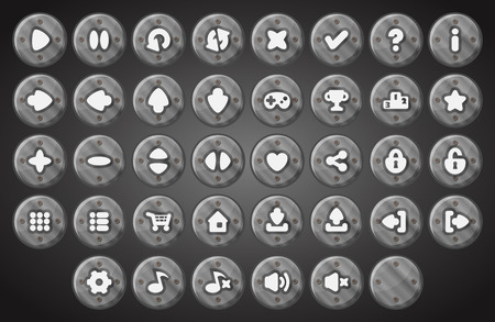 Big set of cartoon material gray metal industrial vector buttons for the game user interface - computer mobile games and web design - Vector.のイラスト素材