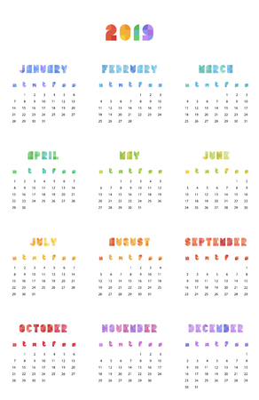 Calendar 2019 in geometrical flat style and colors on a white bacground. Vector design template elements for application, typographyc poster, titles, business or company.のイラスト素材