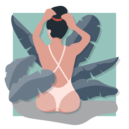 Beautiful sexy girl in summer exotic tropic leaves on colorful bacground. Bright tropical design summer poster in flat retro style. Jungle Floral vector illustration. - Vectorのイラスト素材