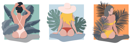 Beautiful sexy girl in summer exotic tropic leaves on colorful bacground. Bright tropical design summer poster in flat retro style. Jungle Floral vector illustration. - Vectorのイラスト素材