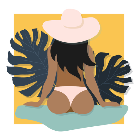 Beautiful sexy girl in summer exotic tropic leaves on colorful bacground. Bright tropical design summer poster in flat retro style. Jungle Floral vector illustration. - Vectorのイラスト素材