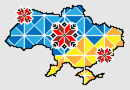 Silhouette map of Ukraine territory borders with Crimea in traditional Ukraine embroidery colors - blue, yellow, red and black. Pixel art vector illustration. Support Ukraine. のイラスト素材