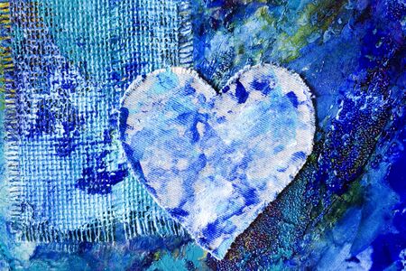 Blue abstract painting with heart of jeans fabric, painting was created by photographerの写真素材