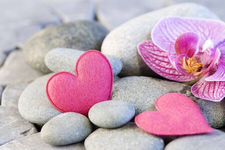 pink felt heart and orchid on pebbleの写真素材