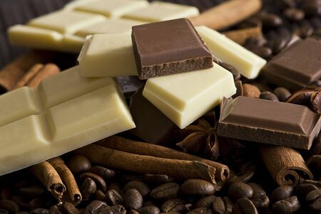 close up of chocolate, cinnamon and coffee