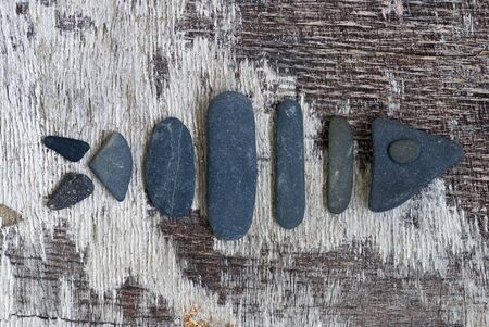 simple fish symbol created of pebble on driftwoodの写真素材