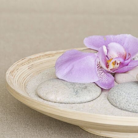 orchid and pebble in bamboo bowlの写真素材