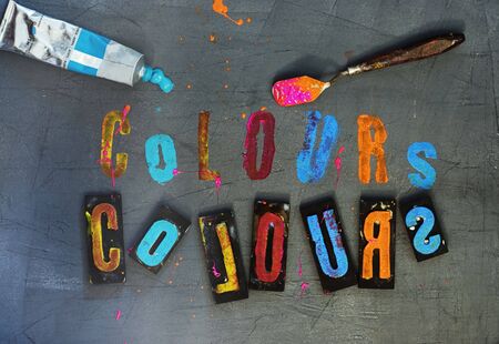 rubberstamps and stamped word coloursの写真素材