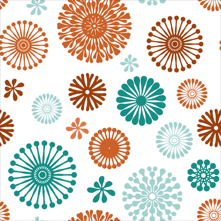 purple abstract floral elements seamless pattern background on white with turquoise, purple and orange, perfect for fabric, wallpaper, scrapbooking and fashionのイラスト素材
