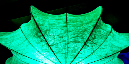 emerald green chandelier with light inside as umbrella against black background. umbrella lamp hangs...