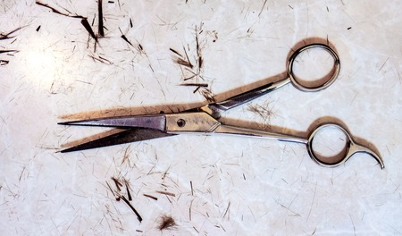 single open silver hair cutting shears against small spots of dark cutting hair and many small filaments on the table after haircut. Work still life of hairdresserの写真素材