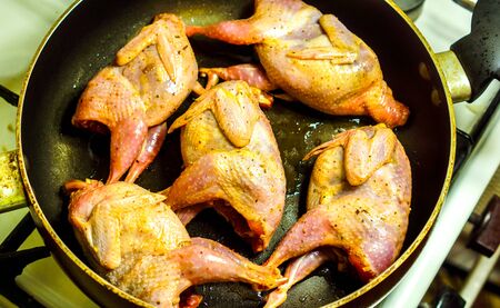 five small white skin raw quals with some spice frying on black teflon round pan with oil. five fresh raw meat on the board quail. future frying quals in sunshineの写真素材