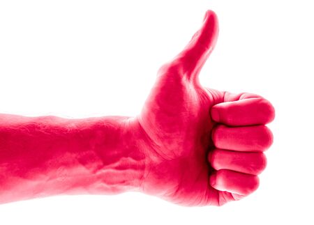 Voting hand on white background toned to bloody red. One hand making thumb up gesture. facebook like...