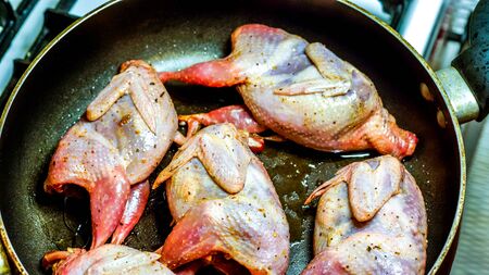 five small white skin raw quals with some spice frying on black teflon round pan with oil. five fresh raw meat on the board quail. future frying quals in sunshineの写真素材