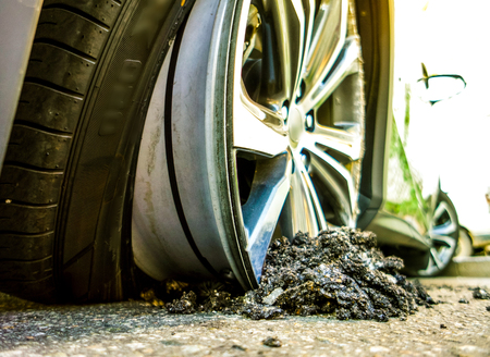 Round Damaged vehicle closeup after car crash.の写真素材