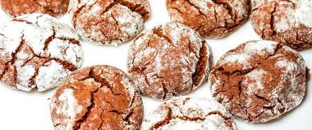 Red velvet crinkle cookies. Fresh hot chocolate cookies with sugar wait eating. Round chokolate...