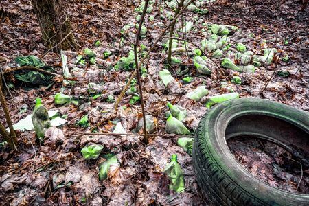 Illegal garbage in spring forest. Ecologic problem in not developed countries.の写真素材
