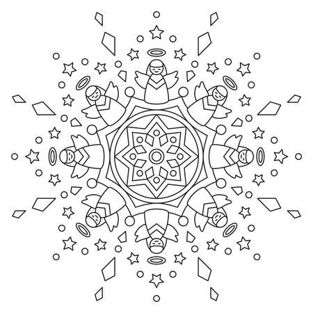 Christmas mandala. Round Element For Coloring Book. Black Lines on White Background. Abstract Geometric Ornament. Vector.のイラスト素材