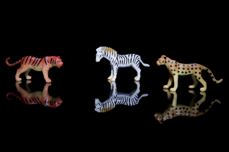 Animal plastic toys on a reflective black surface. Plastic animals isolated on black background.の写真素材