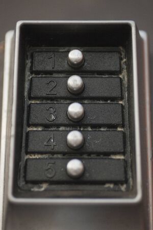 Close up of a dirty door lock metal keypad. Macro view of the buttons and digits of a doorlock...