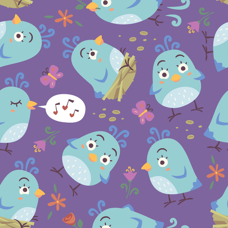 vector cartoon style birds seamless patternのイラスト素材