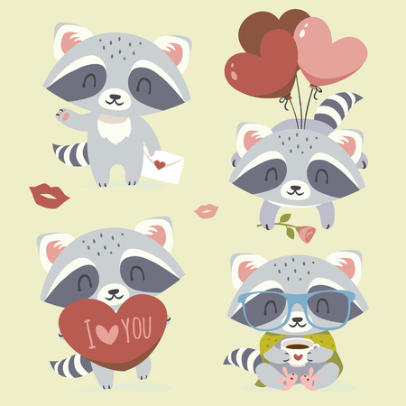 vector raccoon with heart setのイラスト素材