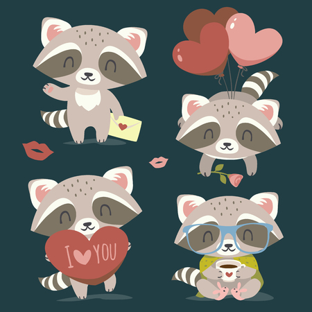vector raccoon with heart setのイラスト素材