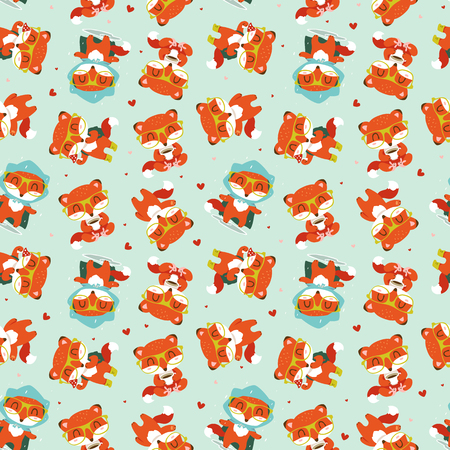 vector cartoon fall fox seamless patternのイラスト素材