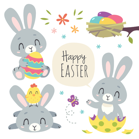 vector cartoon style easter bunny set.のイラスト素材