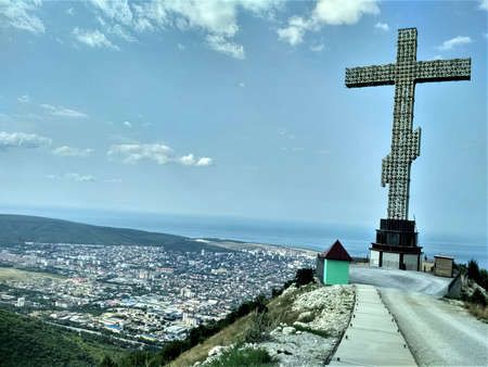 cross, sky, sea, religion, coast, monument, ocean, landscape, church, beach, architecture, stone,...