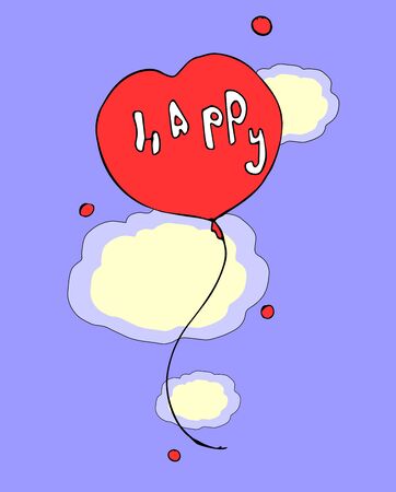 Hand drawn vector illustration "Heart balloon against the clouds". Cartoon styleのイラスト素材