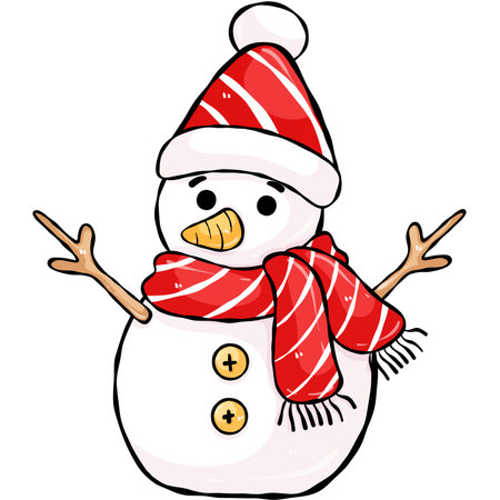Festive snowman with red hat and scarf isolated on transparent backgroundの写真素材