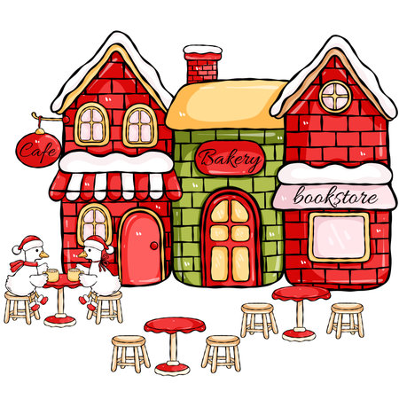Cute Christmas Village Cafe Bakery Bookstore with Goose Drinking Coffee Clipartの写真素材