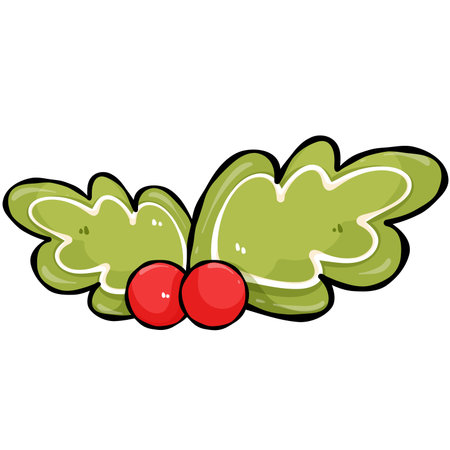 Illustration of a bunch of red berries with green leaves. Hand drawn cartoon holly berry.の写真素材