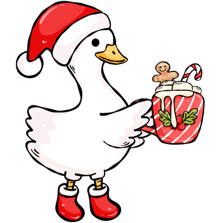 Illustration of a White Duck with a Mug of Hot Drink and Gingerbread Manの写真素材