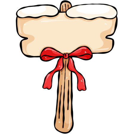 Illustration of a wooden sign with a red bow on a white backgroundの写真素材
