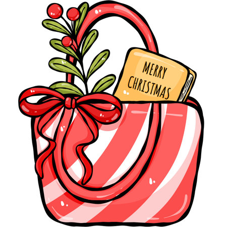 Hand drawn illustration of a Christmas gift bag with a bow. Christmas Handbag with Books and Holly Illustrationの写真素材