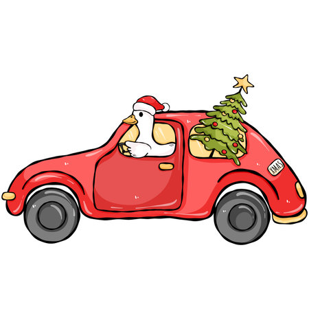 Cute Christmas Goose Driving Red Car Clipart. Silly Goose Holiday Illustrationの写真素材