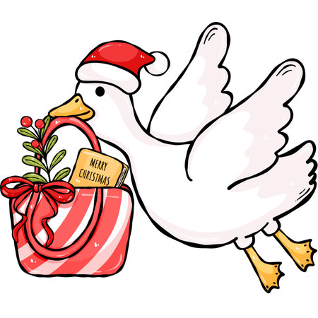 illustration of a cute goose in a Santa Claus hat with a gift bag.の写真素材