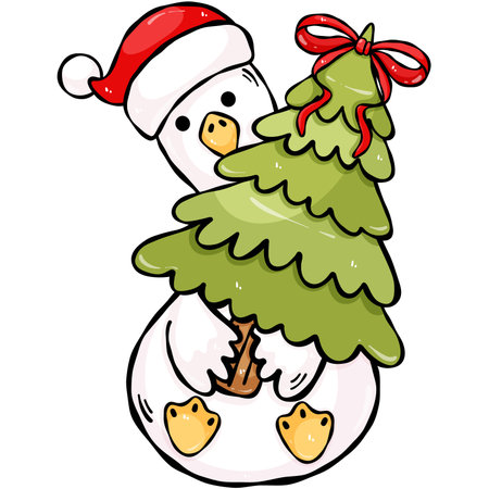 Cute Christmas Goose Hugging Pine Tree Clipart, Holiday Goose Illustration, Transparent Backgroundの写真素材