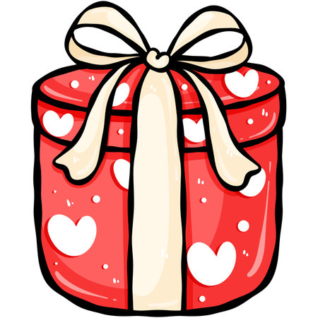 Illustration of a Red Gift Box with a Ribbon and Heart Patternの写真素材